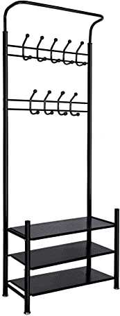 Hengsong Garderobenständer,Schwarz,mit Kleiderstange&Schuhregal,3-in-1 Design,9 Haken,Flurgarderobe&,Schuhschrank,3 Ablagen,Metall,ca.190Hcm,Schwarz