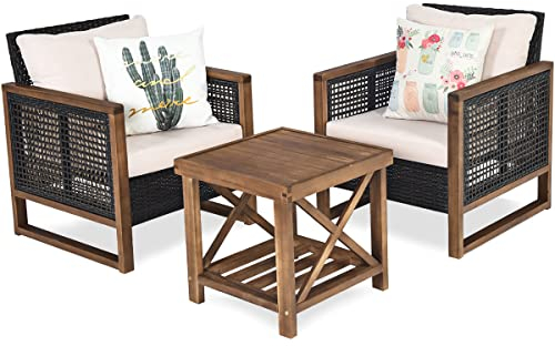 KOMFOTTEU 3 TLG. Rattan Balkonmöbel, Gartenmöbel Set mit Couchtisch & 2 Stühle, Gartensitzgruppe Terrassenmöbel inkl. Sitzkissen & Rückenkissen, Sitzgarnitur aus akazienholz für Terrasse Garten