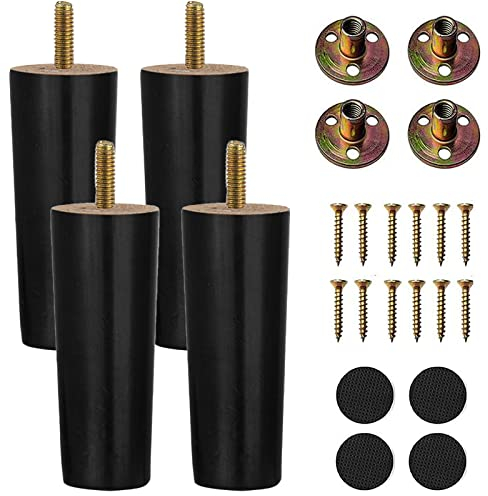 XineYuor Holz Tischbeine,4PCS Schwarz Möbelfüße Holz Tischbeine Möbelbeine Ersatz Sofafüße Holzbeine für Möbel Schrank Beine Schrankfüße mit Montageplatten und Schrauben Für Sofa,TV(15cm/5.90'', Noir)