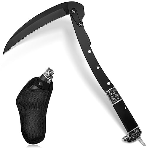 WILLBOND Black Sharp Folding Sickle Garden Tool Portable Safety Grass Hand Sickle Knife with Sheath Wooden Handle 2 Sections for Gardening Farming Lawn Grass Weeds Hand Tools