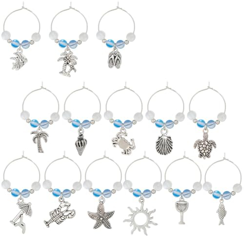 SUNNYCLUE 1 Box 14Pcs Drink Charms Bulk Wine Marker Charms Wine Glass Identifier Sea Summer Ocean Hawaii Glass Ball Charms Wine Identifiers for Gathering Wedding Gift Party Favor Drinks Decor UK