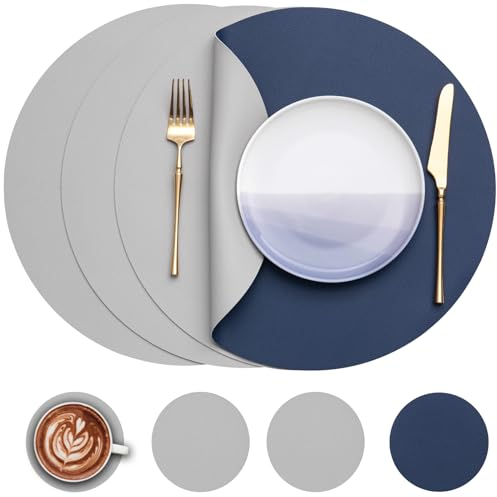 Myir JUN Tischsets 4er Set, Tischsets Abwaschbar Platzsets Rund Ø 38cm Platzdeckchen Rund Doppelseitigen rutschfest Platzsets Kunstleder Leder Tischset Lederoptik (Hellgrau Blau, 4er Set)