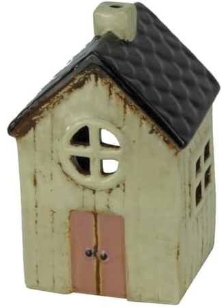 mucHome Windlicht Haus für Teelicht aus Keramik Teelichthaus Lichthaus (Fenster rund 9x8,5x13,5cm)