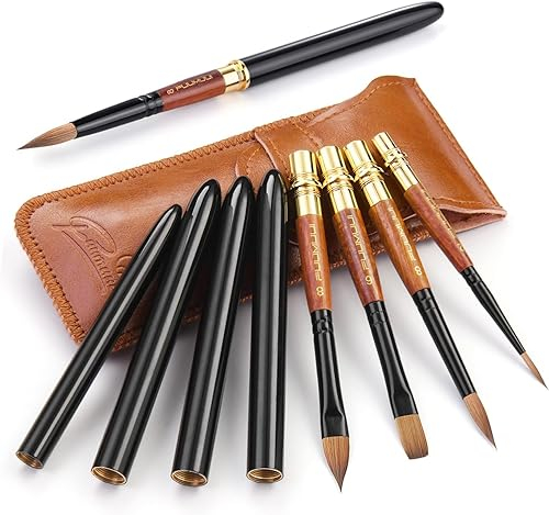 Fuumuui Pinceaux Aquarelle de Voyage Professionnel - 4 pinceaux de Poche en Poils naturels pour Aquarelle avec étui en Cuir | Écoulement régulier et Excellente Absorption | Pinceau Poil Martre