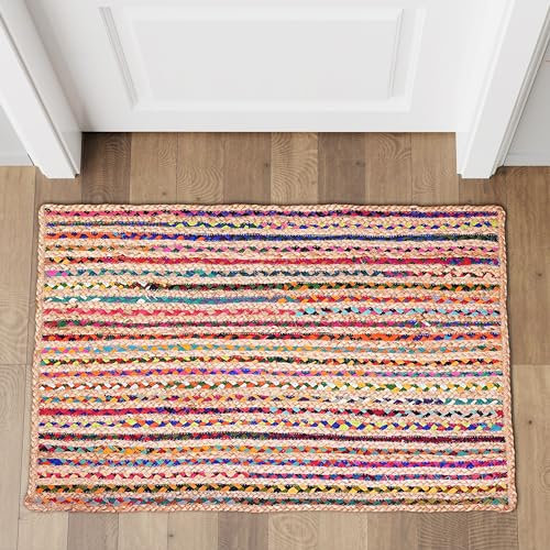 Hausattire Geflochtener böhmischer Teppich, 60 x 90 cm, mehrfarbig, kleiner Bauernhaus-Jute-Baumwoll-Bereich, Flickenteppiche für Eingangsbereich, Kinderspielzimmer, Haustür, bunt, handgewebt,