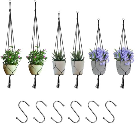 COACOM 6 Stück Spitzen-Hängekorb Mit 6 Haken, Baumwollseil-Hängekorb, Hängender Blumentopf, Blumentopf-Netzbeutel, Geeignet Für Drinnen, Draußen, Garten, Terrasse, Fenster (Schwarz)