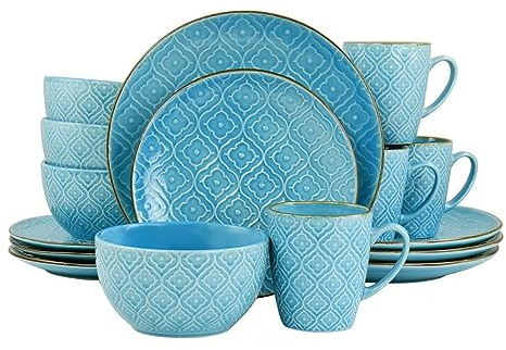 Set di stoviglie in gres goffrato da 16 pezzi in verde acqua Set di piatti rotondi Set di piatti con ciotola e tazza d'acqua