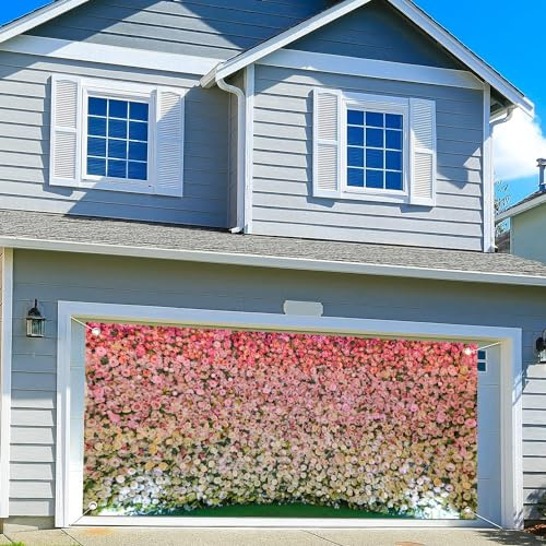 Blumenwand Garagentor Dekoration, 4,9 x 2,1 m rosa weiße Rose 3D Floral Hintergrund Garagentor Abdeckung Mädchen Geburtstag Brautdusche Hochzeit Banner Party Hintergrund