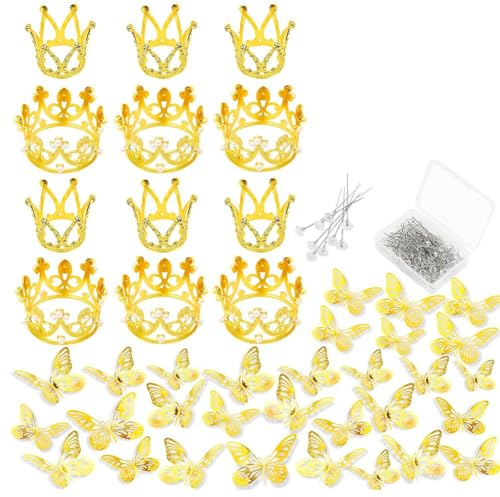 Sweetness 148 Stück Brautblumenstrauß-Zubehör - 36 Goldene Schmetterlinge, 12 Kronen, Blumenstrauß-Anstecknadeln, 100 Diamantnadeln