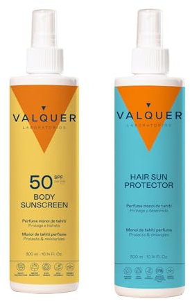 Valquer Pack Sonnenschutz-Körper- und Haarspray. Körpercreme LSF 50 300 ml und Haarschutz 300 ml. Hoher UVA- und UVB-Schutz, wasserfest mit Monoi de Tahiti-Duft. Vegan