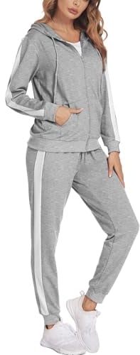 Parabler Jogginganzug Set Damen Jogger Trainingsanzug Freizeitanzug Zweiteiler Yoga Sport Jacke&Hose mit Kapuze Tasche Grau L