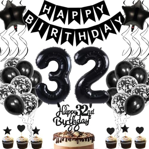 Anlgdi Geburtstagsdeko 32 Jahre Mann Frau, Luftballons 32. Geburtstag Dekoration, Schwarz Tortendeko Geburtstags 32 Jahre Frauen, Folienballon Zahl 32 Schwarz, Deko 32. Geburtstag Männer