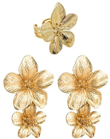 1 Paar Goldene Lange Blumenohrringe, 1 Blumenring, Goldene Blumenohrringe, Große Goldene Ohrringe, Goldene Blumenohrringe, Goldene Statement-Ohrringe Für Frauen