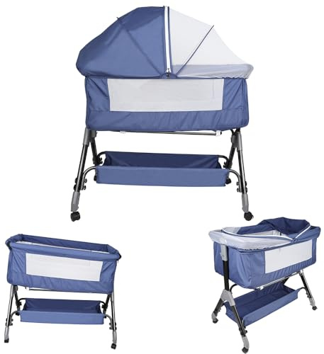 HUOLE 3 in 1 Beistellbett & Babywiege & Reisebett, 4-stufig Höhenverstellbares Babybett, neigbar, Kinderbett, Stubenwagen für Babys bis 25kg belastbar-104 x 52 x 100–110 cm – Marineblau