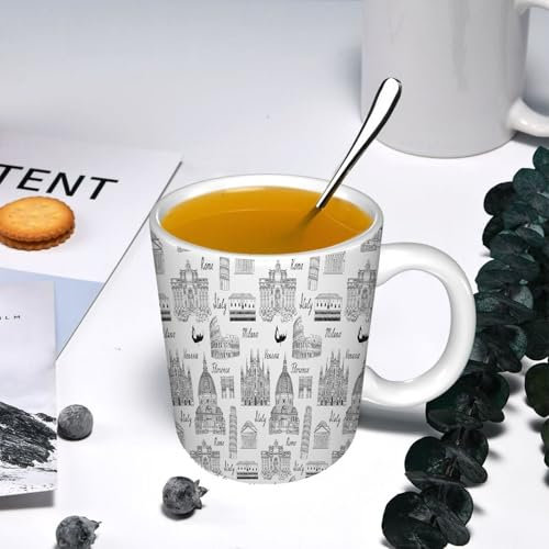 YOIUE Funny Coffee Mug - 11Oz Cups 330ml - Colored Mug Cup - Gift for Birthday,Work,Office,City, Monochrome Sketch Style Famous Places from Italy Rome Milan Europeans,White Printed Coffee Cupgift