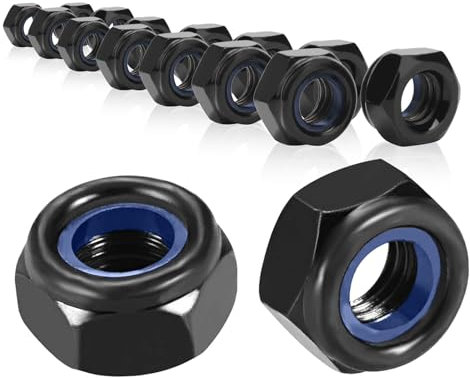 50 tuercas hexagonales M8, color negro, tuercas de seguridad, tuercas M8, tuercas de bloqueo de nailon, tuercas autoblocantes, tuercas de contratuerca, tuercas m8, acero inoxidable, autoblocantes