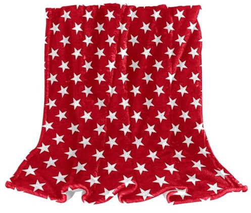 NYKVTG Kuscheldecke Weiße Sterne Rot Sofadecke Wohndecke Couchdecke Für Wohnzimmer Schlafzimmer 150×100cm