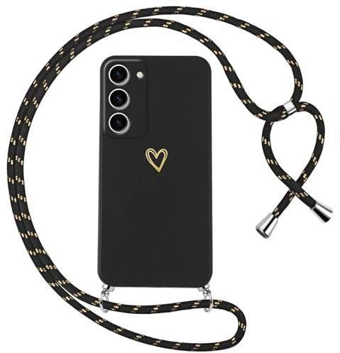 Oelrstfe Handyband für Samsung Galaxy S23 Plus 5G Hülle mit Band Herz Motiv Handyhülle für zum Umhängen Silikon Stoßfest Ultra Dünn Weich Schutzhülle mit Kordel Necklace Kette Case,Schwarz