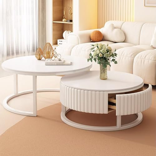 Couchtisch Rund 2er Set Wohnzimmertisch Weiß Runder Couchtisch Mit Massivholz Schublade Marmor Beistelltisch Stabilem Metallgestell Modern Satztische Fürs Wohnzimmer, Schlafzimmer, Balkon, Büro