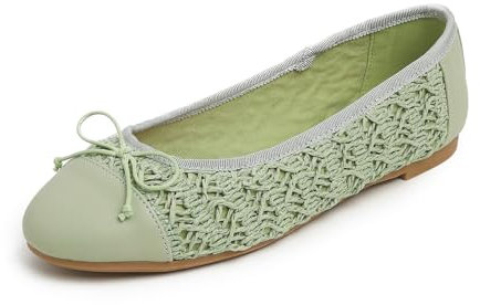 Feversole Women's Bow Tie Fashion Dress Slip On Shoes Round Toe Ballet Green Raffia Toe Cap UK Size 6