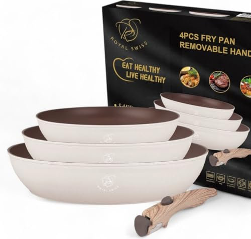 Royal swiss® Lot de Poêles, 4 Pièces, Poignée Amovible, Revêtement en Marbre, Induction, Sans PFAS, Pour toutes les sources de chaleur Noir (Beige, 4)