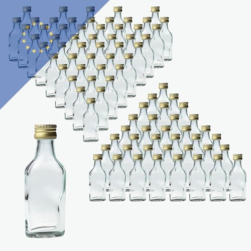 Verpackungsstadl 100x Schnapsflaschen 20ml PP18 gold – Hochwertige, wiederverwendbare Glasflasche, ideal für Hochzeiten und Parties – Leicht und robust (100 Stk.)