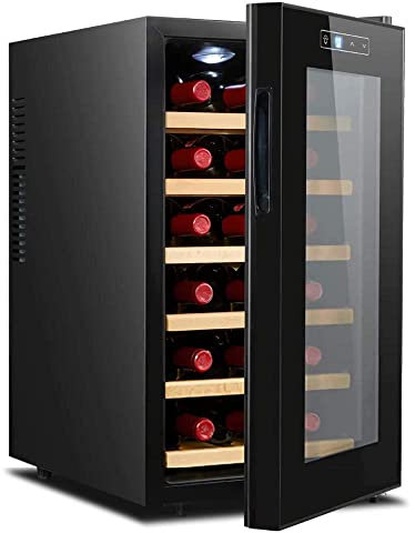 Enfriador de vinos Refrigerador independiente 18 botellas Home Bar Bodega Control digital Puerta de vidrio para champán rojo blanco o encimera Mini refrigerador Estantes de madera-Estantes de madera