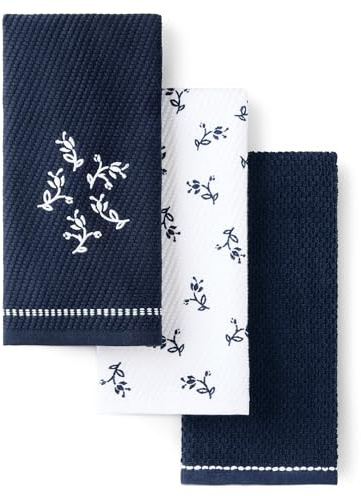 KitchenAid Vintage Florals Collector Series Embroidered Kitchen Towel 3-Pack Set, Absorbent 100% Cotton, Dual-Purpose, Ink Blue, 18x28