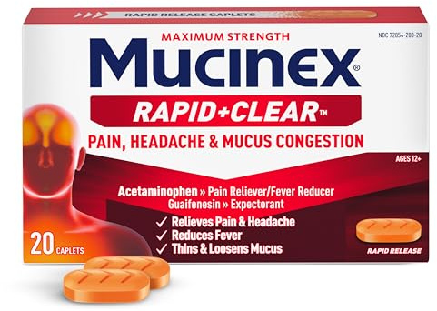 Mucinex Rapid Clear Maximum Strength Cold Medicine & Expectorant, Fever, Pain, Headache, & Excess Mucus Relief with Acetaminophen & Guaifenesin, Rapid Release Caplets for Adults, 20 Count