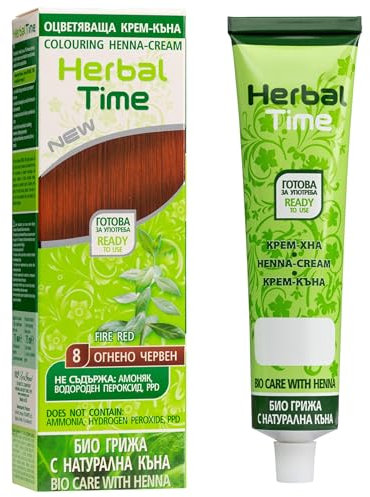 Henna Herbal Time Natural Cream Color Fire Red Nº 8 | Henna Coloring Cream with Nettle Extract | Gray Hair Cover | Ammonia Free, Sulfates Free, Parabens Free | 75 ml