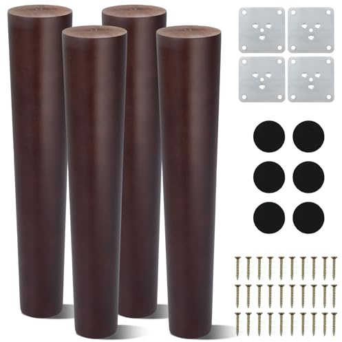 AWBEOT 4 Pcs 25 cm Pieds de Meubles en Bois Massif Pieds de Table en Bois Conique Pièds de Rechange pour Canapé Lit Fauteuil Placard, avec Plaque de Montage,Vis,Protecteur Antidérapant, Couleur Noyer