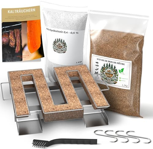 Generador de humo frío/caracol para ahumadero carne y pescado + 1,2 kg de harina de haya + 1 kg de sal nitrito + 4 ganchos de carnicero y cepillo de limpieza - E-book gratuito