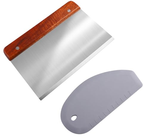 Teigschaber Edelstahl 20cm mit Holzgriff, Teigschaber Silikon, 2 Stück Teigschneider, Küchenschaber Gemüseschaufel, Teigkarte Groß für Kuchen, Cake, Pizza, Torte, Dough und Backutensilien