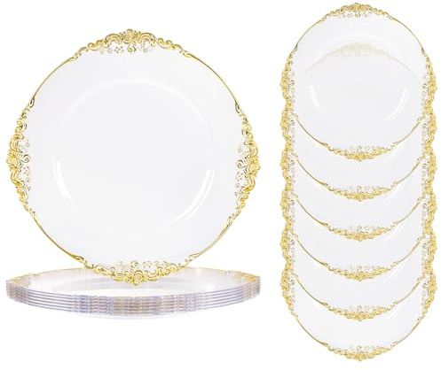 ejonirinjonir 6pcs Clear and Gold Charger Plates,13inch Elegant Plastic Gold Chargers with Floral Trim,Table decoration,Vintage Charger Serving Plates for Wedding,Birthday,Afternoon Tea,Party,Events