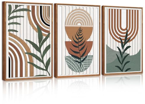 CHDITB 3pcs Green Sage Boho Abstract Wall Art,3D Boho Mid century Poster Set,Modern Geometric Leaves Artwork,Bohemian Framed Wall Decor,Nature Plants Wall Art for Living Room Bedroom Office,30x40cm