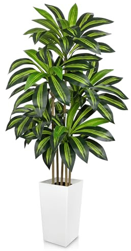 Briful 5Ft Artificial Dracaena Plants with White Tall Planter, 150 CM Artificial Yucca Tree in Pot Faux Dracaena Large Floor Plant for Living Room, Office, Hallway, Farmhouse Decor