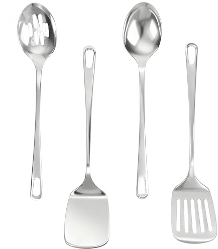 4 Pcs Stainless Steel Cooking Utensils Set, Kitchen Tools | Solid & Slotted Wok Spatula, Serving Spoon, For Cooking & Serving