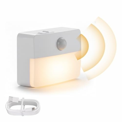 Coolilumi Motion Sensor Night Light Indoor, Rechargeable LED Stair Lights, Warm White Stick-On Closet Lights, Battery Operated Hallway, Cabinet, Bedroom, Kitchen Lamps (White)