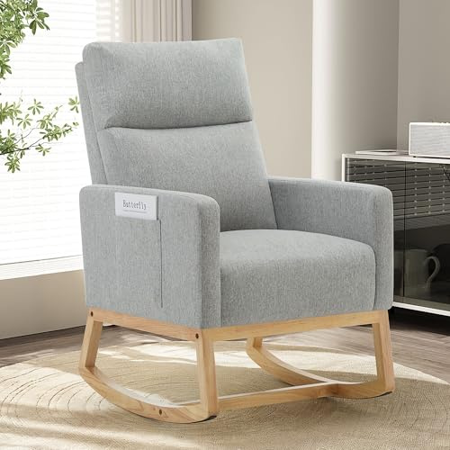 XH.Easy Go Silla Mecedora de Lactancia Tela de Lino Respaldo Alto Bolsillos Laterales Patas de Madera Cómoda para Guardería Salón Dormitorio (Gris Claro)