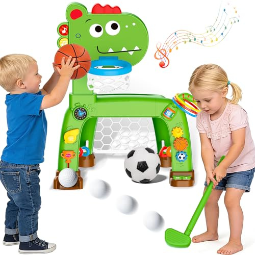 4-in-1 Basketballkorb und Fußballtor Spielzeug für Kleinkinder, Babyspielzeug mit Golfspiel und Ringwurfspiel, Dinosaurier-Spielzeug für 1 2 3 jährige Jungen und Mädchen mit Licht, Sound und Musik