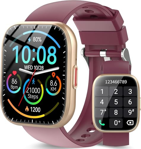Ddidbi Smartwatch Damen Herren, Fitnessuhr Damen mit Telefonfunktion 1.85 Zoll Touchscreen, IP68 Wasserdicht Smart Watch mit schrittzähler Schlafmonitor, Uhren Herren für Android iOS, Weinrot