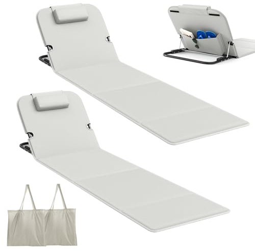 Yigowyigo Strandliege Klappbar Leicht 2er Set 165x55cm Grau Strandmatte Faltbar mit Verstellbarer Rückenlehne,Praktisches Staufach,Kopfstütze, Sonnenmatte Liegematte mit Tragetasche für Strand Garten