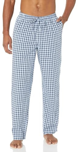 Amazon Essentials Herren Gewebte Straight-Fit Pyjamahose Mit Taschen, Hellblau Weiß Karomuster, L