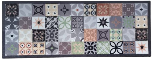 oKu-Tex Fußmatte | Schmutzfangmatte, Küchenläufer | Mosaik Muster Kacheln Kariert | Waschbar | Türvorleger für innen | rutschfest |anthrazit/grün | 45 x 120 cm