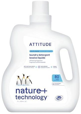 ATTITUDE Liquid Laundry Detergent, EWG Verified, HE Compatible, Plant-Based & Vegan, Natural Laundry Soap, Wildflowers Scent, 80 Loads, 2 Liters