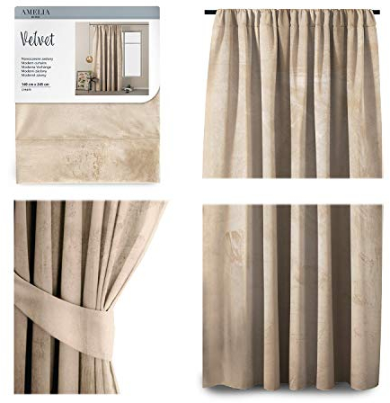 AmeliaHome Set Vorhang H 245 x B 140 cm mit Raffhalter 54 x 10 cm Velvet Optik Creme 1 St. Kräuselband Wellenband Samt Halbverdunkelungsvorhang Fensterdekoration Dekoschal Dekorvorhang