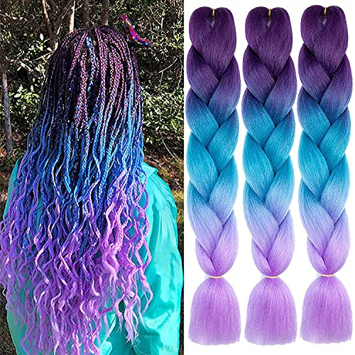 3 pezzi Extension per capelli enormi intrecciati Jumbo, 24inch Ombre Trecce sintetiche di scatola africane ad alta temperatura (viola scuro-blu lago-viola chiaro)