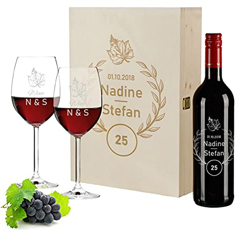 polar-effekt - Juego de 4 piezas grabadas con caja de madera, botella de vino de 700 ml y 2 copas de vino, vino francés, aniversario de boda, Pierre Laforest, diseño de corona