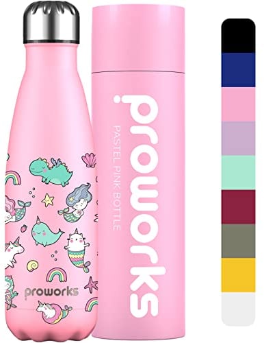Proworks Performance Stainless Steel Sports Water Bottle | Double Insulated Vacuum Flask for 12 Hours Hot & 24 Hours Cold Drinks For Home, Work, Gym & Travel - 500ml - Pastel Pink Unicorns & Mermaids