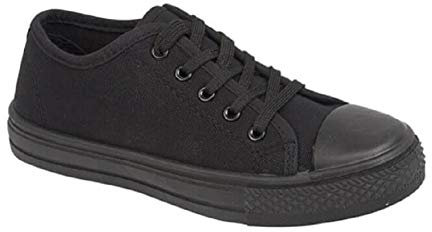 GladRags Boys Girls Kids Lace Up Canvas Low Top Trainers, Pumps, Plimsolls, All Black, Size Youth 5